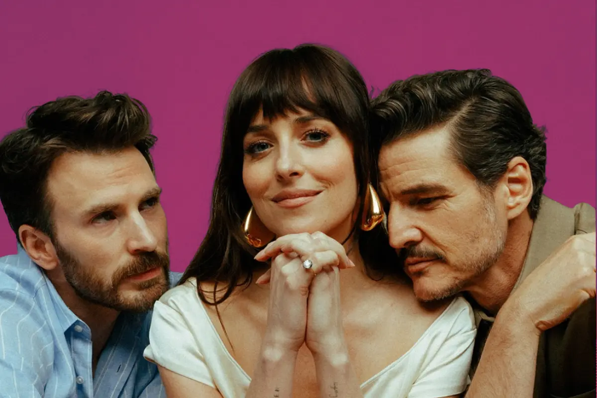 Dakota Johnson, Pedro Pascal y Chris Evans en Materialists (Foto: IG @Materialists, @charlieclift / Canva)