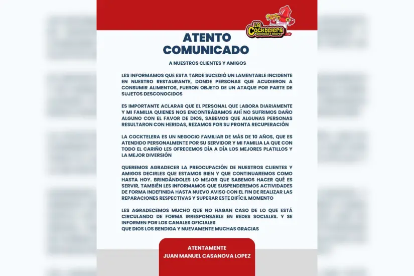 Comunicado emitido por el restaurante tras los hechos. Foto: La Cocktelera