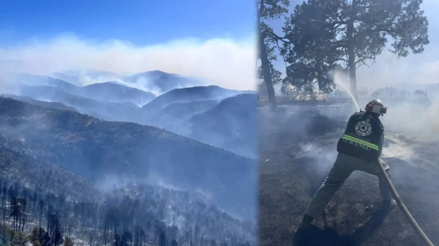 Foto: Facebook/ Secretaría de Recursos Naturales y Medio Ambiente | Un incendio forestal en Tepehuanes es combatido por más de 100 brigadistas.