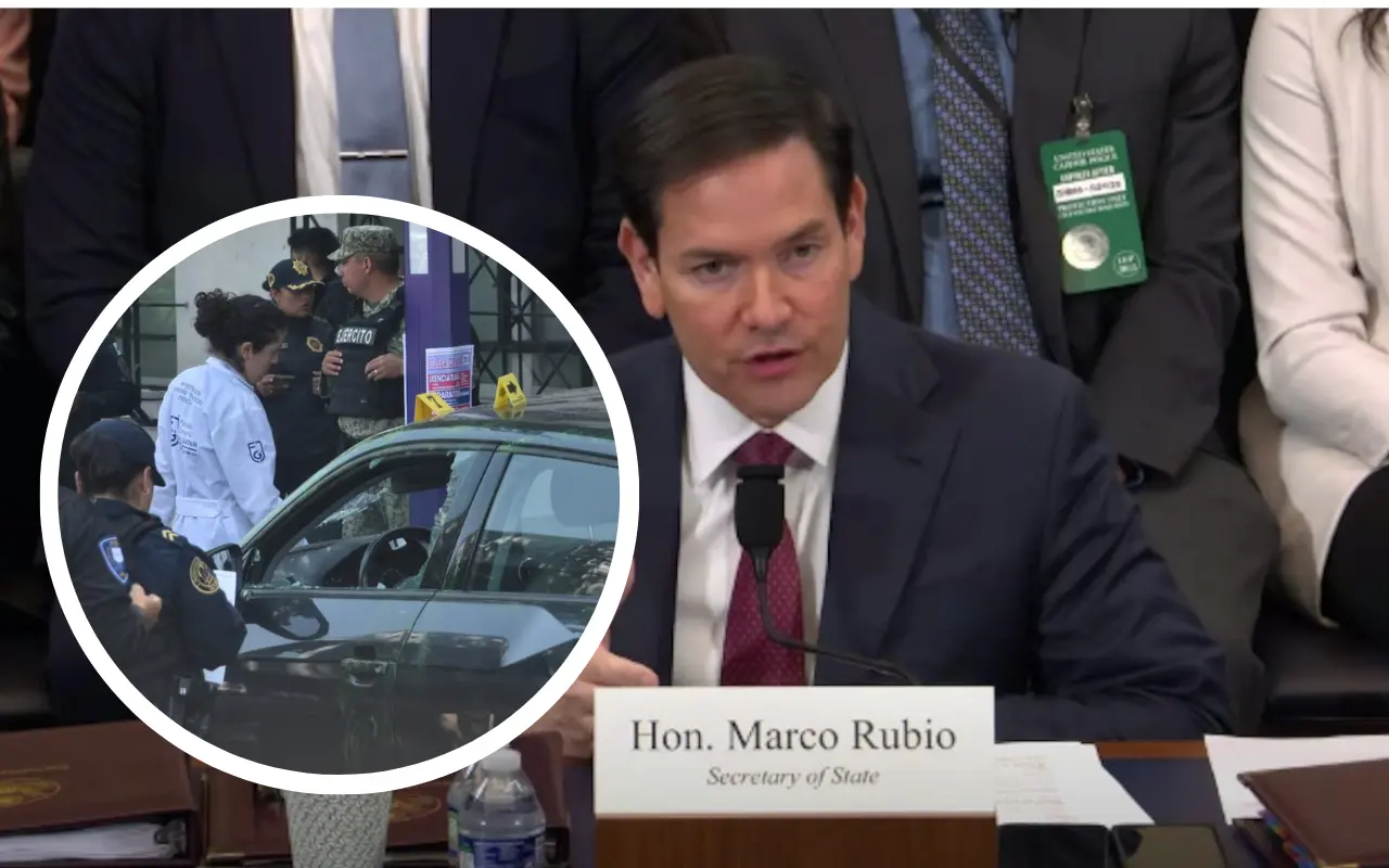 Marco Rubio y sitio en donde ocurrió el atentado contra funcionarios. Foto: Enrique Pérez Huerta / Captura de pantalla: X (@AlinaDuarte_)