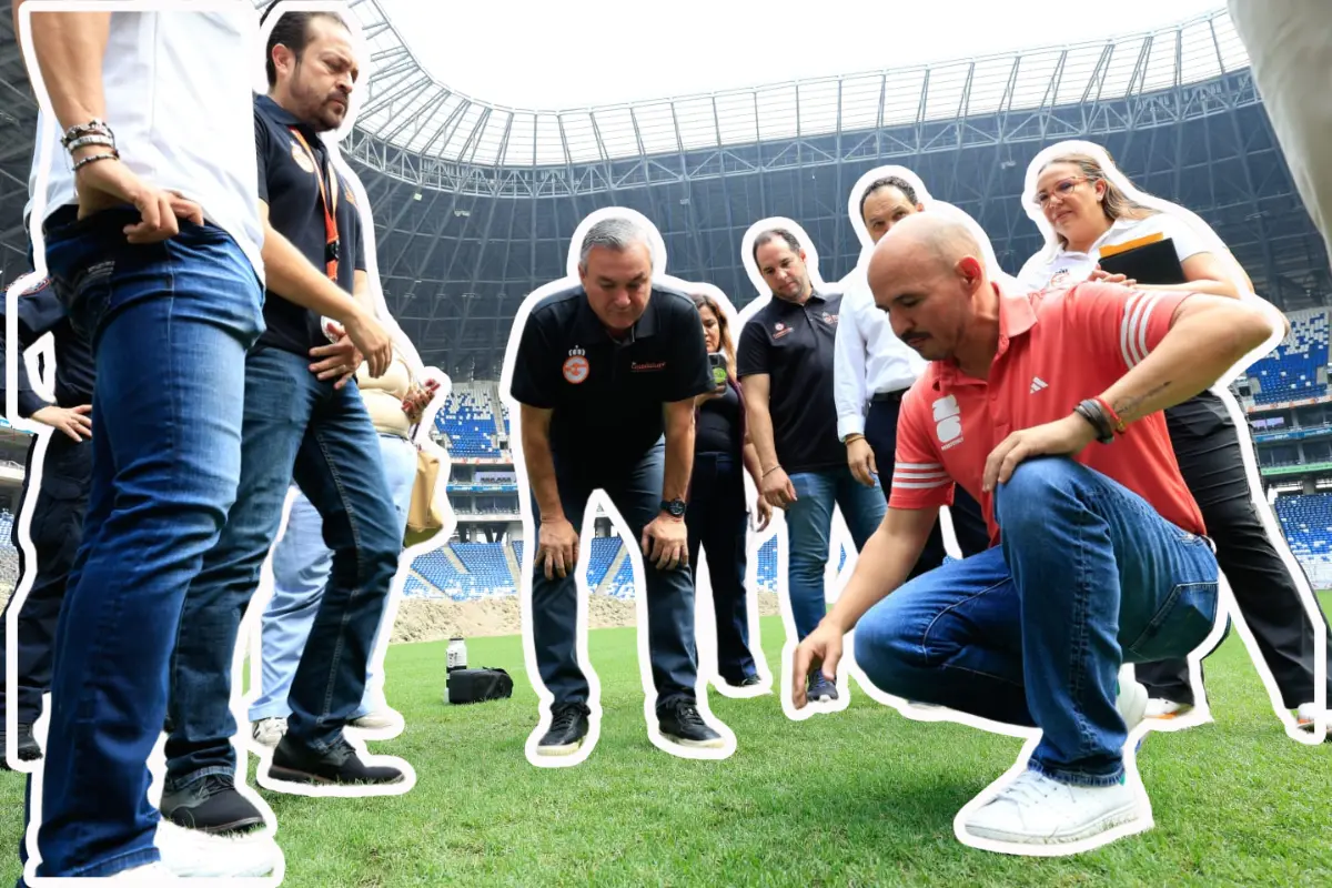 Héctor García visitó los trabajos de remodelación en el Estadio BBVA previo al Mundial 2026 acompañado de Pedro Esquivel y directivos de Rayados/Foto: Gobierno de Guadalupe