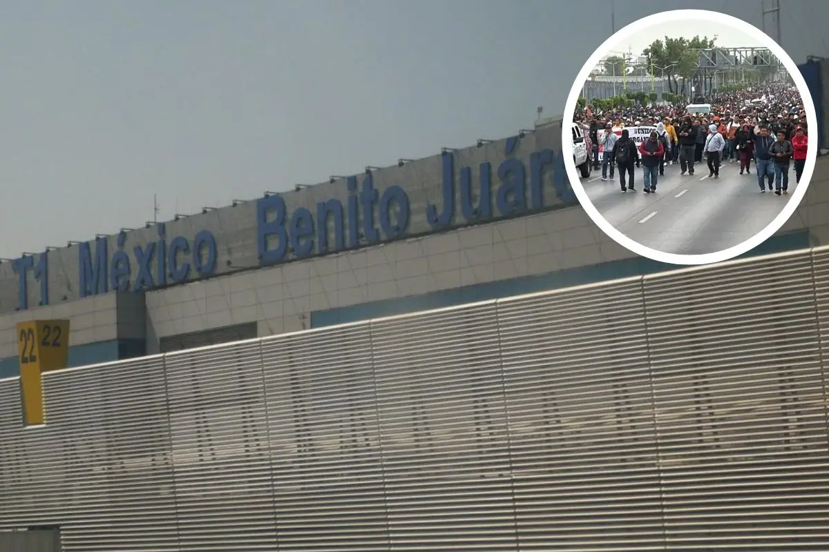Terminal 1 del AICM, manifestantes en inmediaciones del AICM. Foto: Facebook: AEROPUERTO BENITO JUAREZ (A.I.C.M) | Ramón Ramírez | Canva