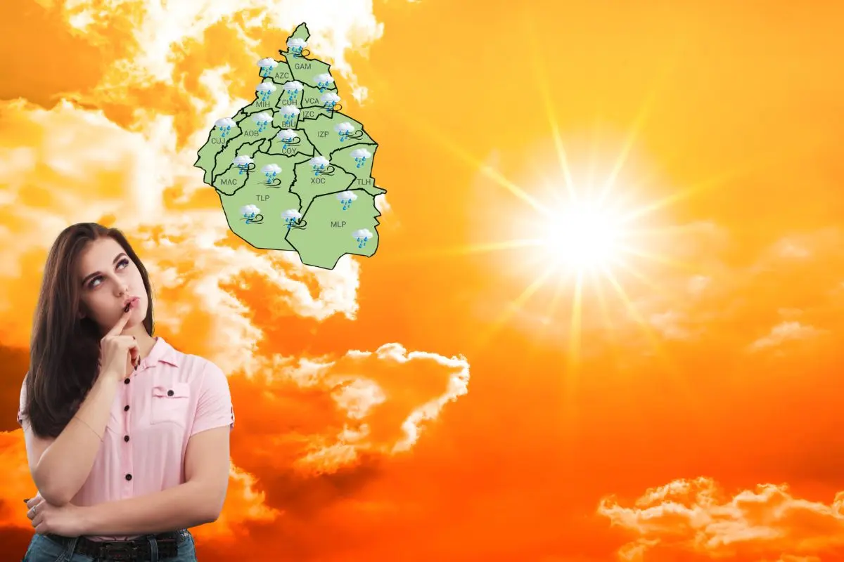 Cielo soleado, mujer pensando, mapa de la CDMX con lluvias. Foto: X (@SGIRPC_CDMX) | Canva