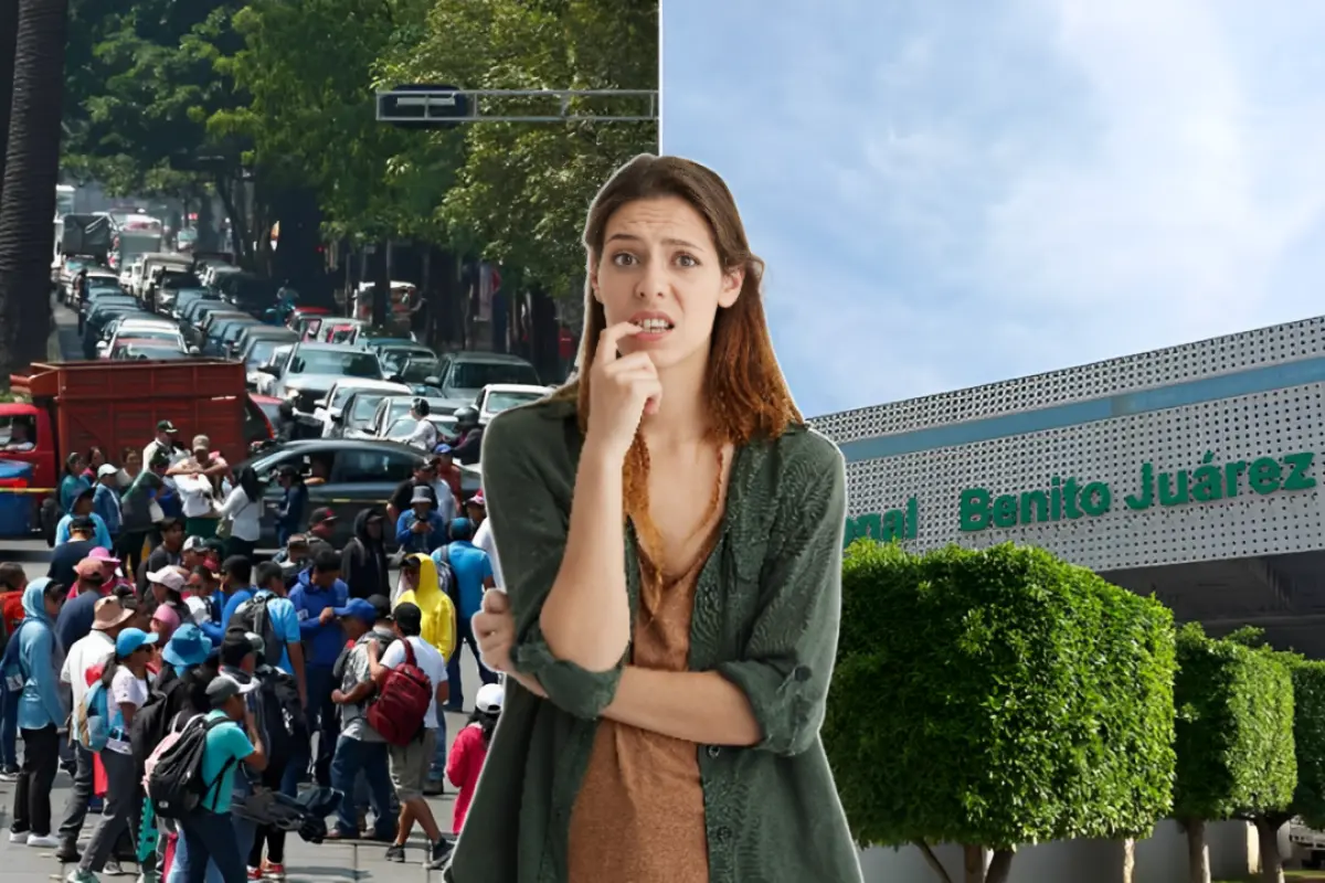 Mujer pensando al frente y de fondo marcha de la CNTE y fachada del AICM. Foto: Google Maps (Eduardo Tufiño) | FB (Coordinadora Nacional de Trabajadores de la Educación) | Canva | Freepik