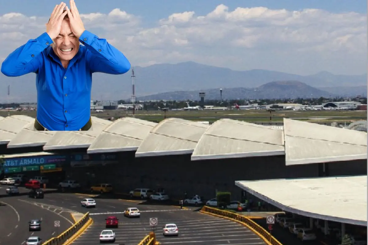 Terminal 1 del Aeropuerto Internacional de la Ciudad de México, hombre desesperado. Foto: AICM | Canva