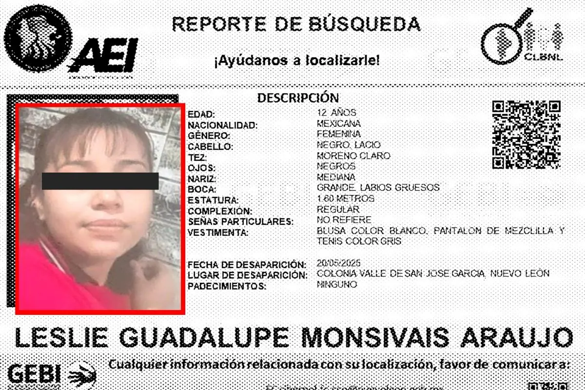 La Fiscalía General de Justicia del Estado de Nuevo León ha emitido un reporte oficial para solicitar la colaboración ciudadana en la localización de Leslie Guadalupe Monsiváis Araujo. Foto: Grupo Especializado de Búsqueda Inmediata