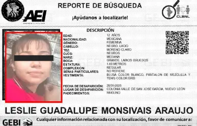 Autoridades solicitan el apoyo de búsqueda de menor desaparecida en García