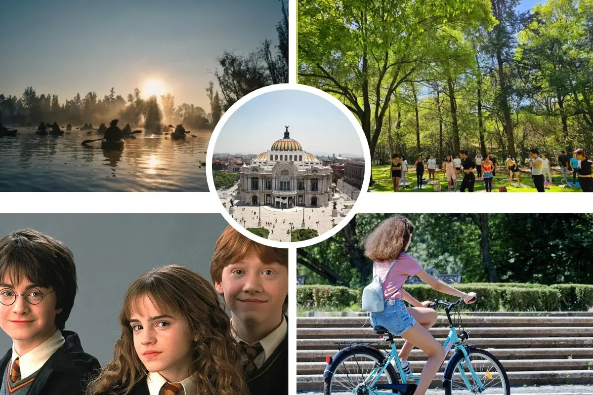 Canales de Xochimilco, personas haciendo yoga en Chapultepec, Harry Potter, persona paseando en bicicleta, vista aérea del Palacio de Bellas Artes.       Foto: Pexels | IG: (@chapultepeccdmx) | IG: (@harrypotter) | Canva