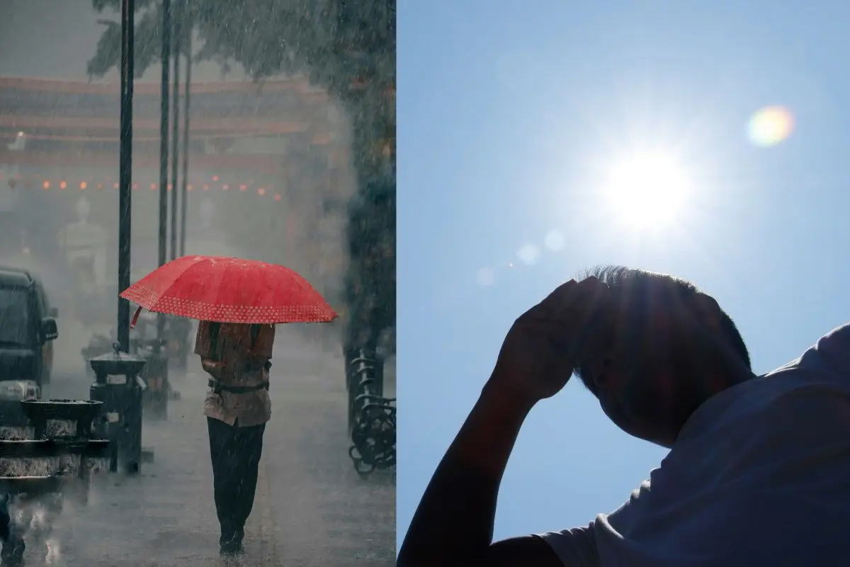Persona caminando bajo la lluvia, persona bajo el Sol. Foto: Canva