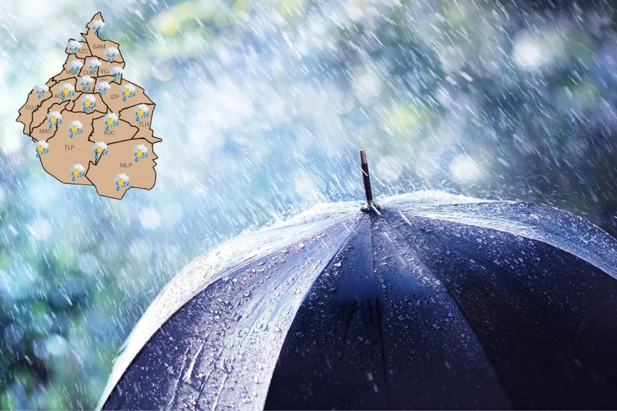 De fondo, imagen ilustrativa de lluvia, mapa de la CDMX con lluvia.      Foto: X (@SGIRPC_CDMX) | Canva
