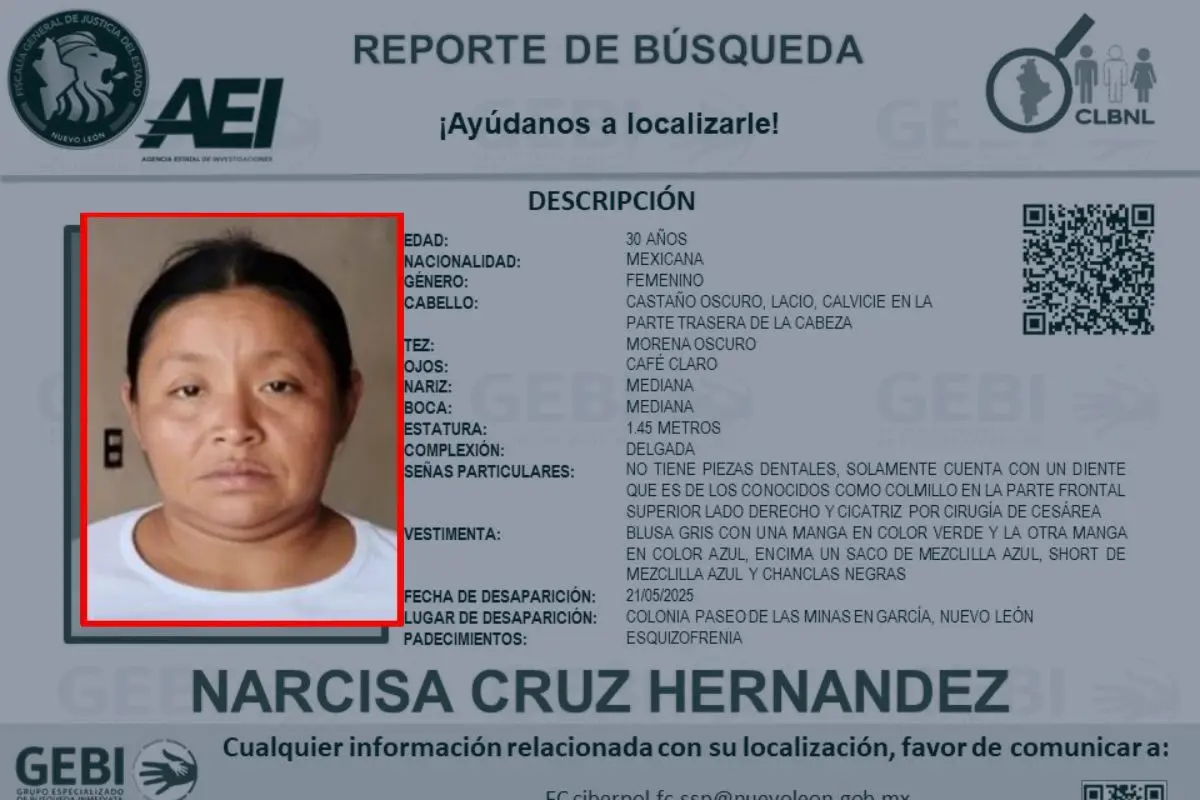 La Comisión Local de Búsqueda de Personas y el Grupo de Búsqueda de Fuerza Civil BUPE, emitió una alerta de búsqueda para localizar a Narcisa Cruz Hernández: Foto: Grupo Especializado de Búsqueda Inmediata