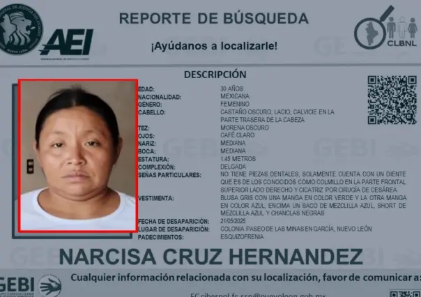Solicitan apoyo para buscar a una mujer reportada como desaparecida en García