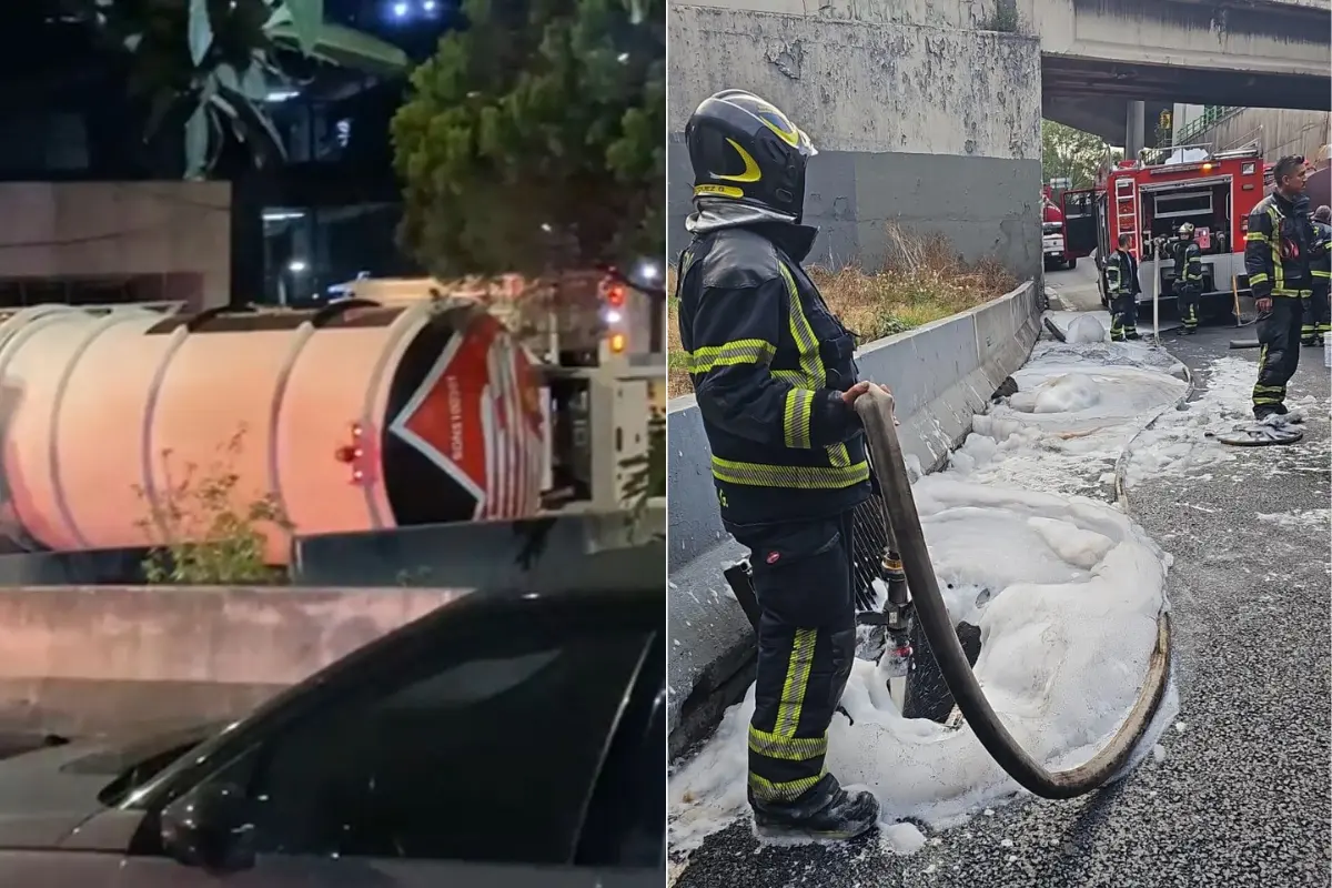 Pipa de PEMEX volcada en periférico CDMX y bomberos limpiando el hidrocarburo.    Foto: Ramón Ramírez