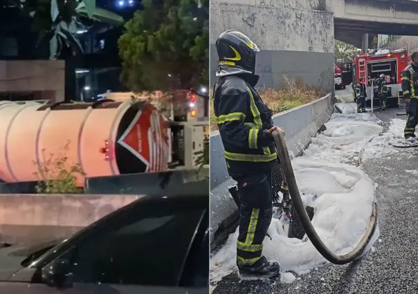 Pipa cargada de gasolina volcó en Periférico de CDMX, chofer resultó ileso