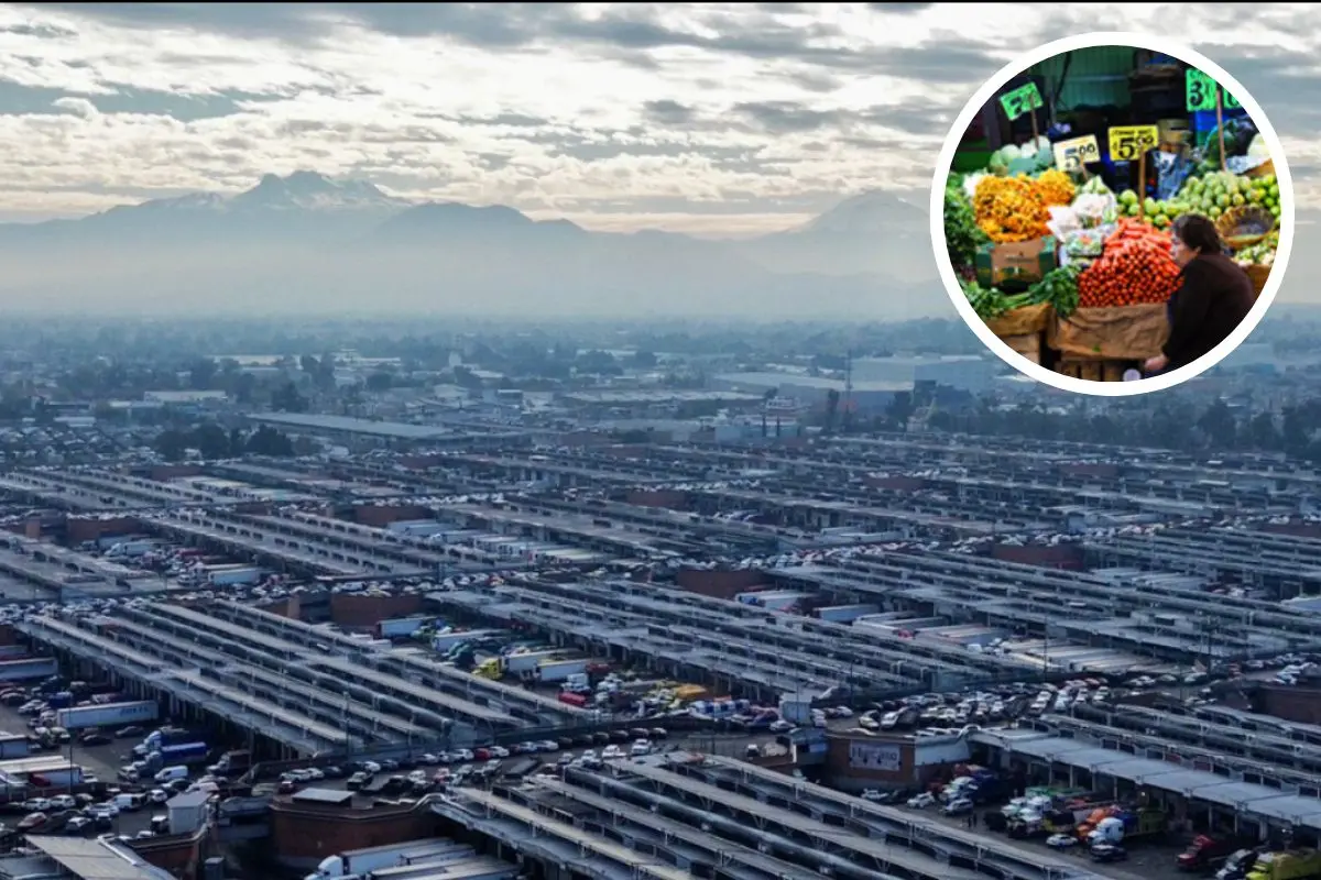 De fondo vista aérea de la Central de Abastos, puesto de verduras en la CEDA.    Foto: IG (@Central de Abasto CDMX) | Gobierno de México | Canva