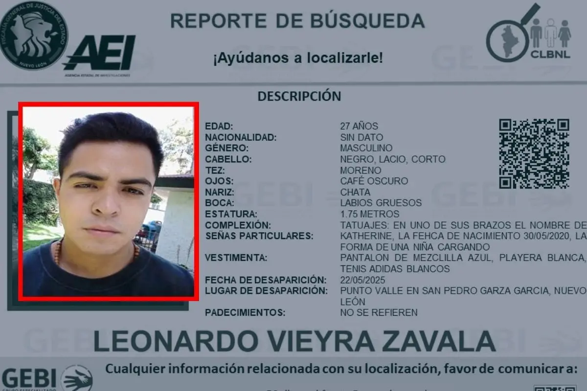 Comisión Local de Búsqueda y el Grupo de Búsqueda de Personas de Fuerza Civil, emitió un reporte oficial solicitando la colaboración ciudadana para localizar a Leonardo Vieyra Zavala. Foto: Grupo Especializado de Búsqueda Inmediata