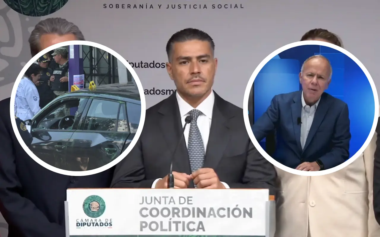 Omar García Harfuch, Ciro Gómez Leyva y camioneta donde estaban colaboradores de Clara Brugada. Foto: Enrique Pérez Huerta / Captura de pantalla: YouTube (Cámara de Diputados) / X (@CiroGomezL)