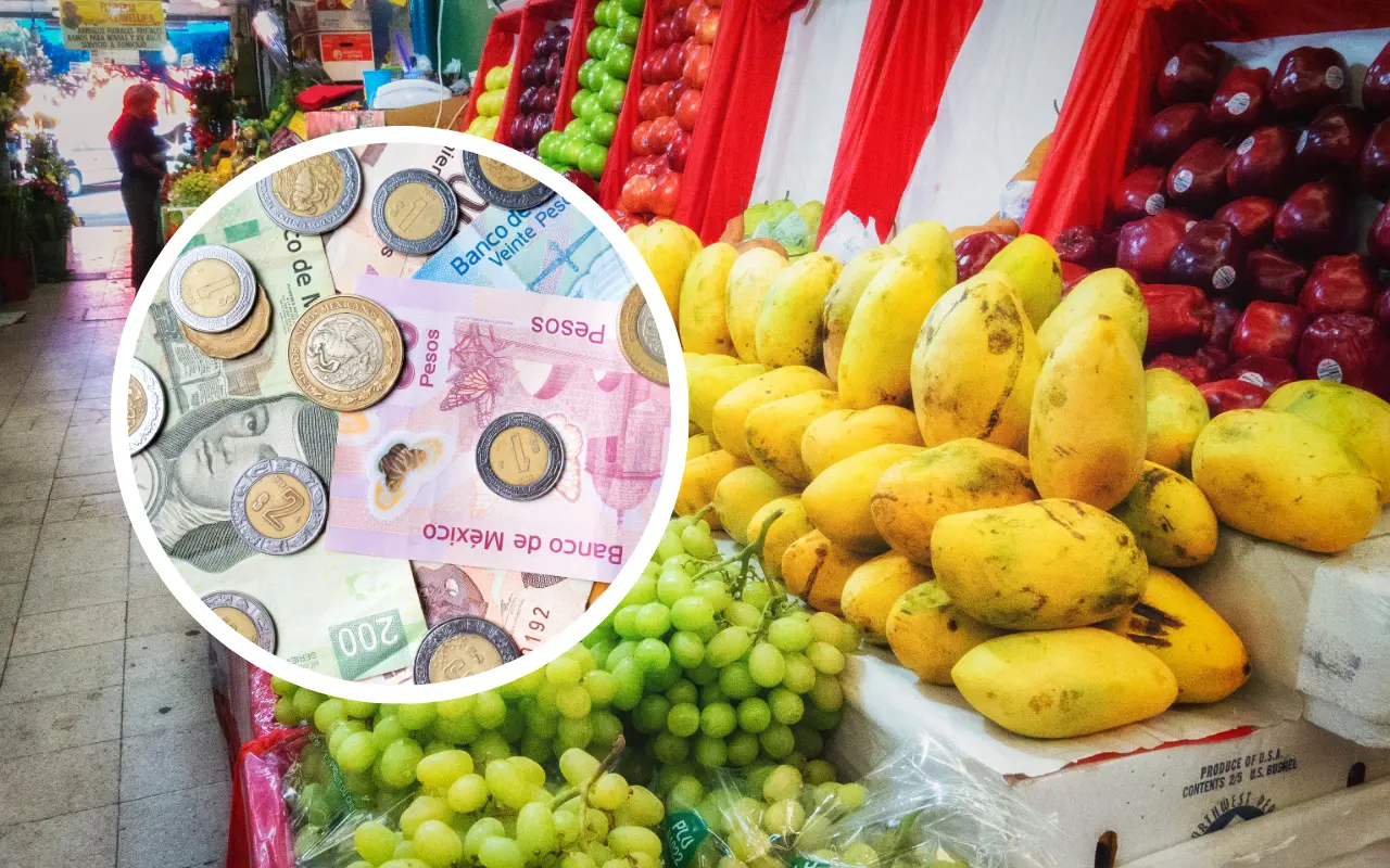 Monedas y pesos mexicanos y mercado. Foto: Canva