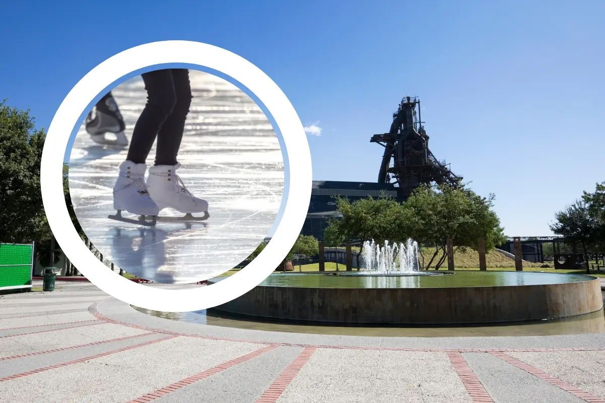 Instalaciones de Parque Fundidora y una persona patinando en hielo. Foto: Canva