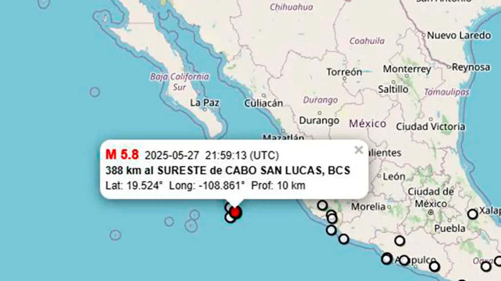 2 temblores sacudieron a Cabo San Lucas esta tarde; un sismo fue de 5.8 grados