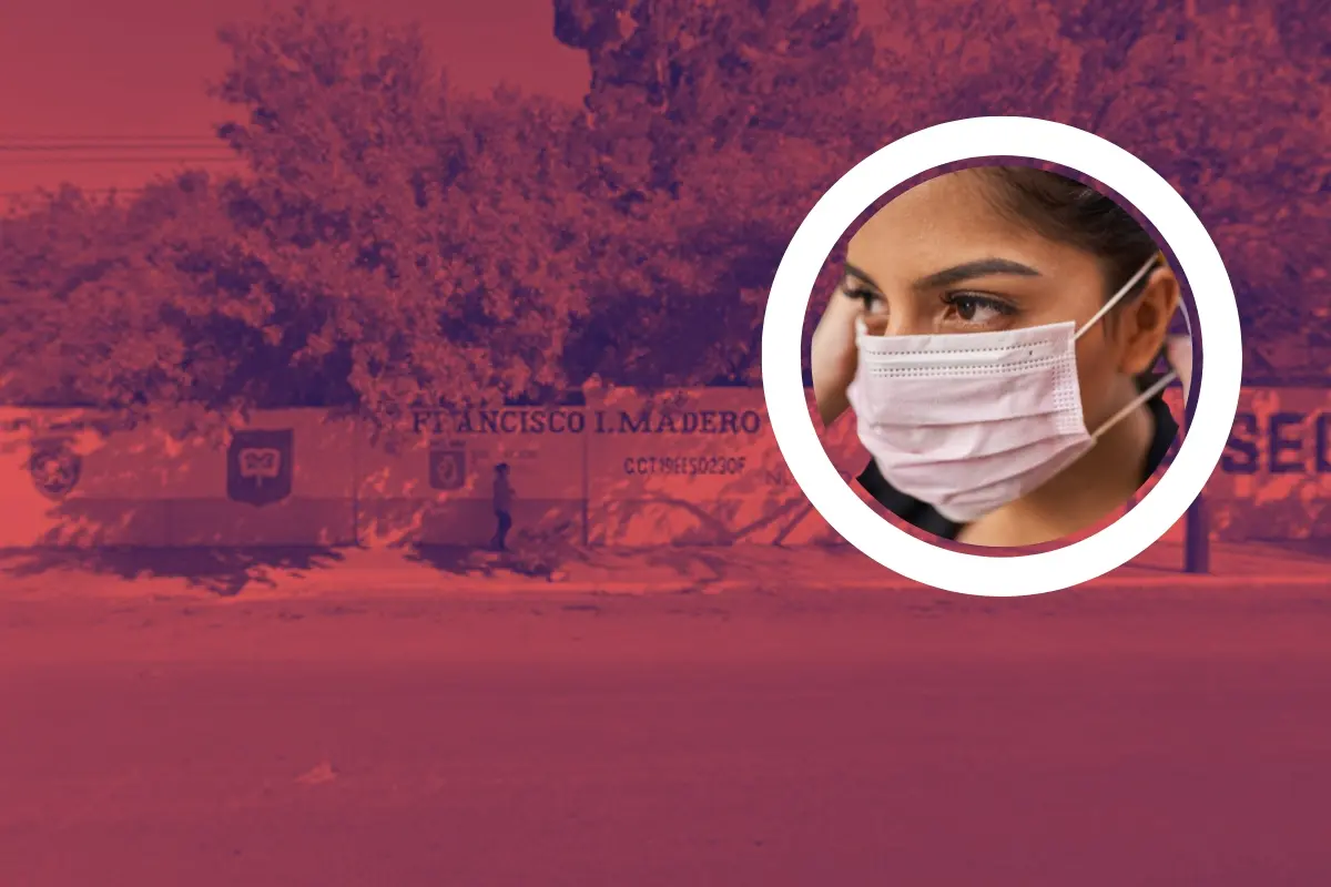 Una mujer con cubrebocas y de fondo la barda de una secundaria. Foto: Canva