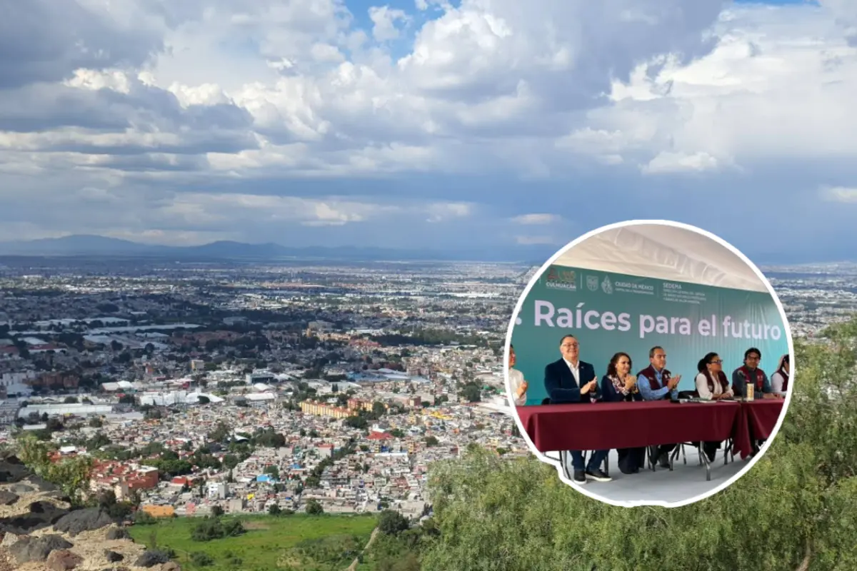 Vista de la CDMX desde el Cerro de la Estrella y en la parte inferior la alcaldesa de Iztapalapa en la presentación del proyecto de conservación. Foto: Google Maps (D. I. Amehd Toledo) | X (@GabrielGarcia_H) | Canva