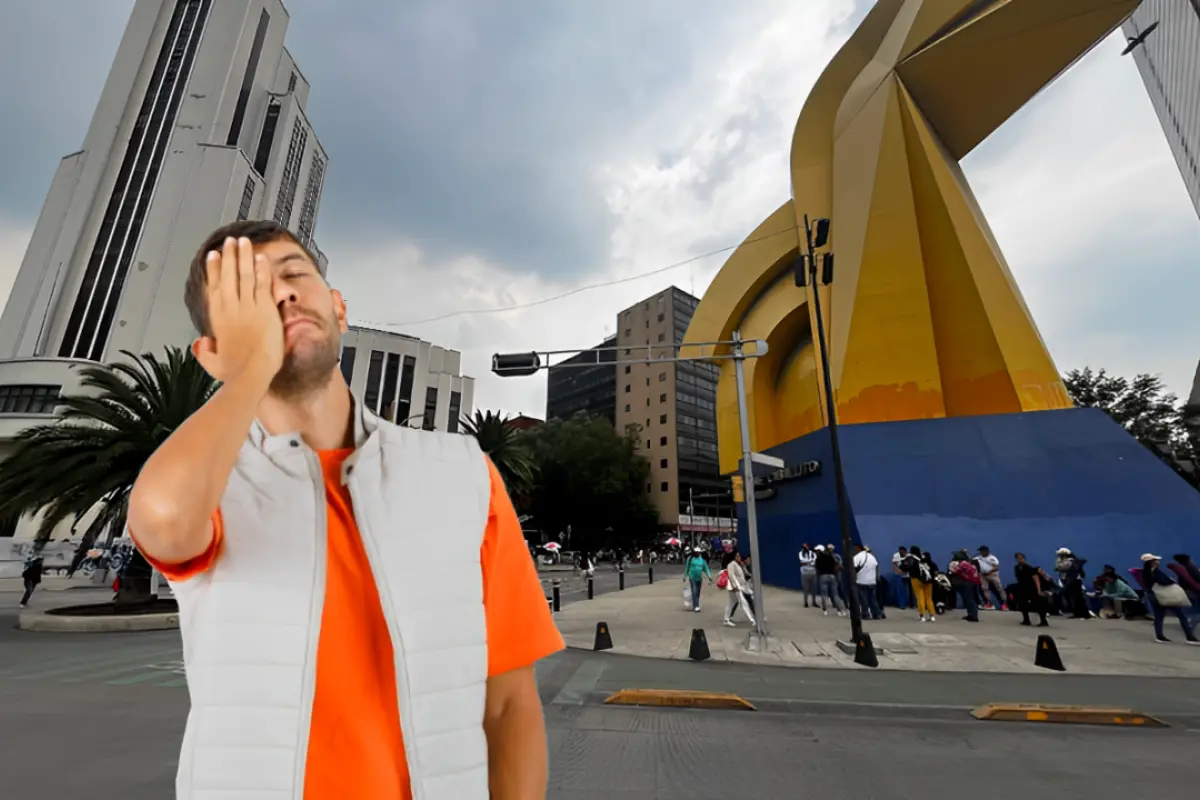 Manifestantes de la CNTE frente a la Torre del Caballito en CDMX y un hombre estresado al frente. Foto: Mario Flores | Canva | Freepik