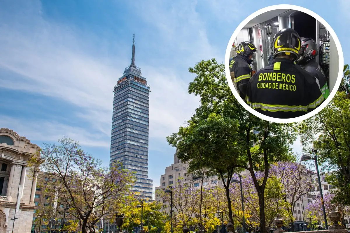 Vista de la Torre Latinoamericana, elementos del Heroico Cuerpo de Bomberos realizando el rescate de las 12 personas atrapadas en el elevador del edificio. Foto: X (@SGIRPC_CDMX) | Canva