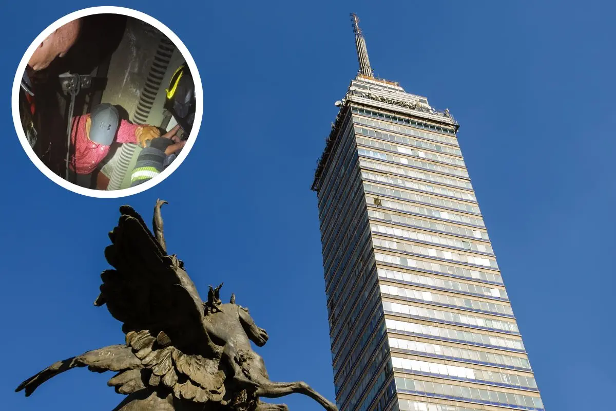 Vista de la Torre Latinoamericana, elementos del Heroico Cuerpo de Bomberos realizando el rescate de las 12 personas atrapadas en el elevador del edificio. Foto: X (@SGIRPC_CDMX) | Canva