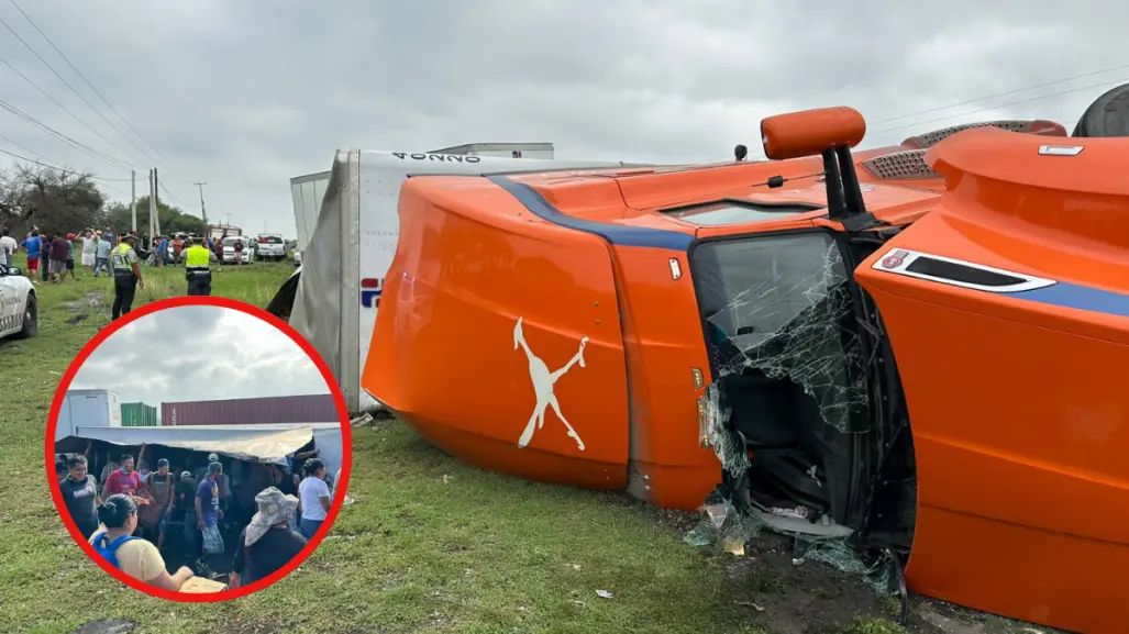 Rapiña tras registrarse la volcadura de un tráiler lleno de cerveza en la carretera Victoria-Monterrey