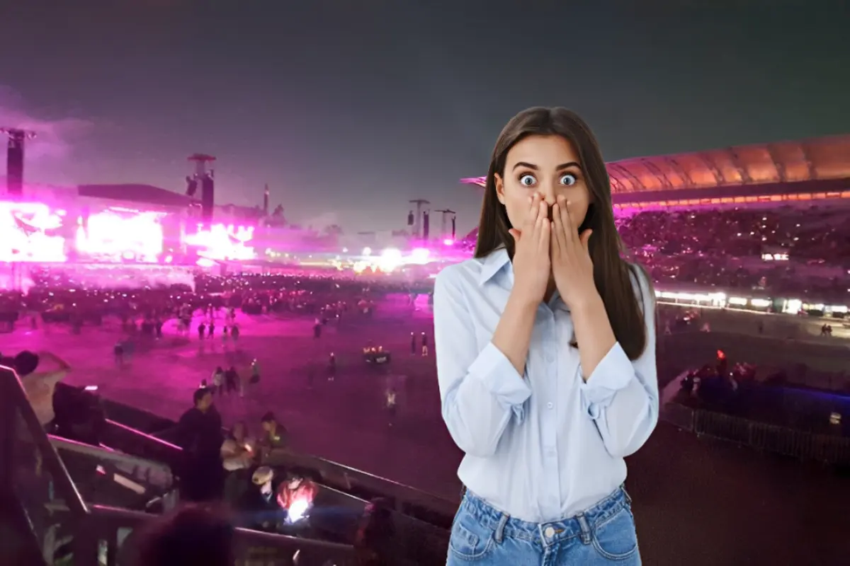 Mujer sorprendida frente al Estadio GNP en CDMX. Foto: X (@summainferno) | Freepik | Canva