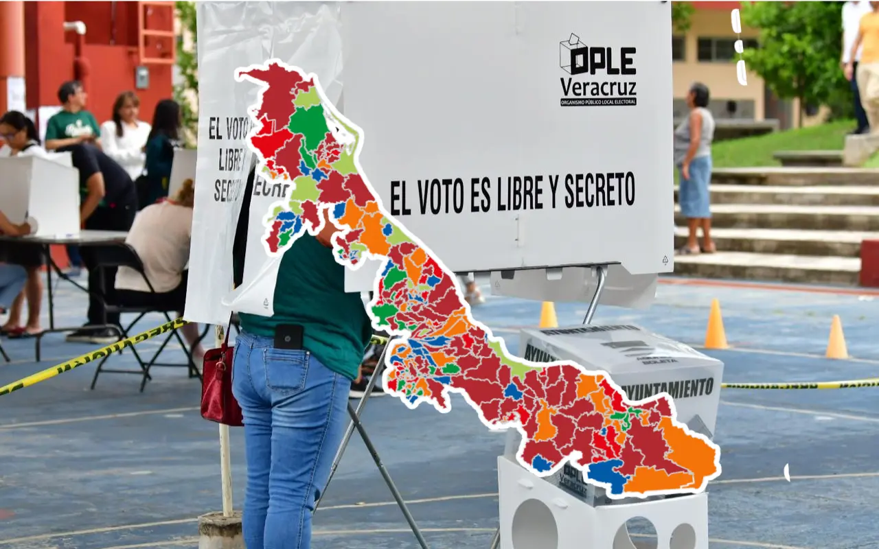 Mapa de Veracruz y persona en jornada de elecciones. Foto: OPLE Veracruz / Facebook (OPLE Veracruz)