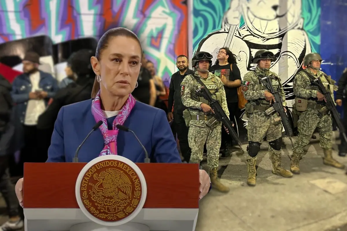 De fondo ejército en el desalojo al Multiforo Alicia, Claudia Sheinbaum en La mañanera del Pueblo. Foto: @ClaudiaSheinbaumP | @AzuGramo | Edición con Canva