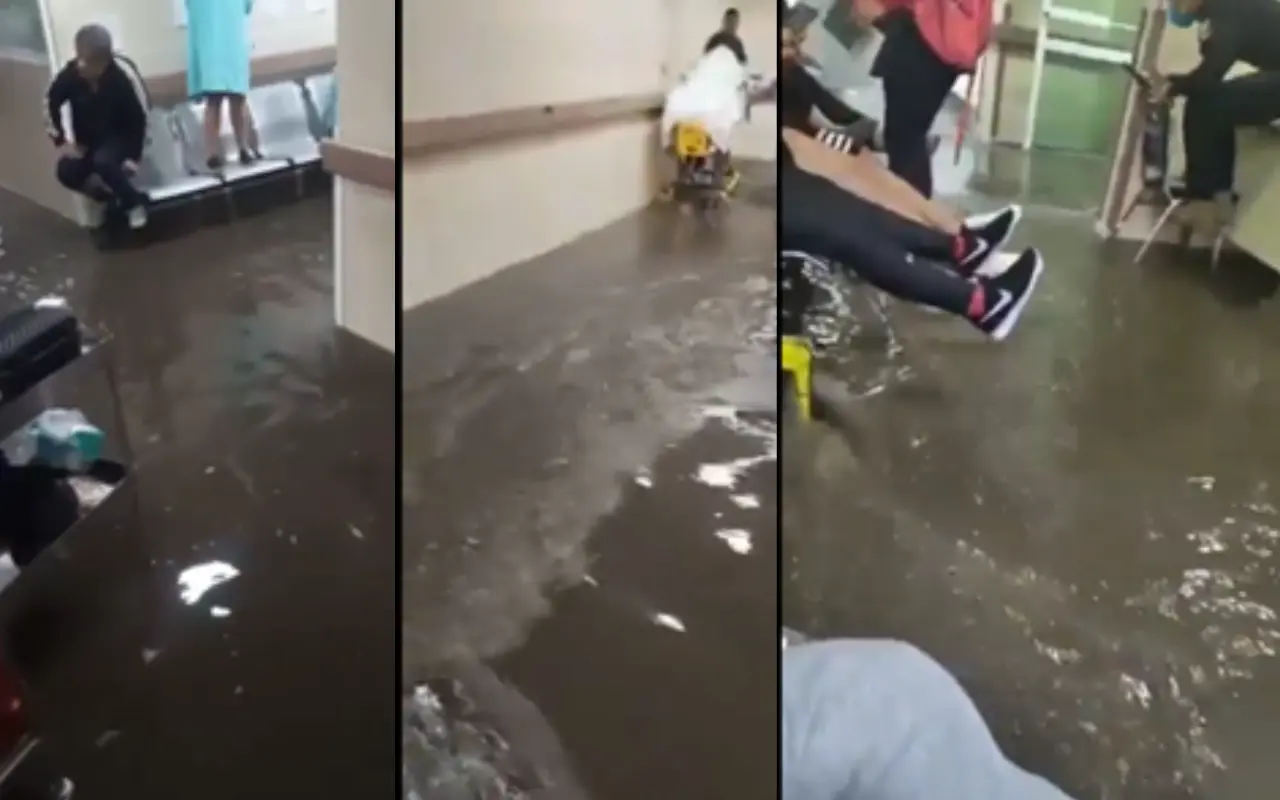 Inundación en el Hospital General 53 del IMSS en Los Reyes La Paz tras las intensas lluvias de la tarde. Foto: Captura de redes sociales (Canva)