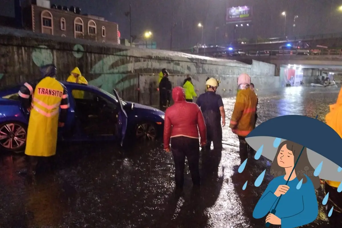Personas atrapadas con sus vehículos en las lluvias de CDMX.      Foto: Cuenta X (@SGIRPC_CDMX) | Canva