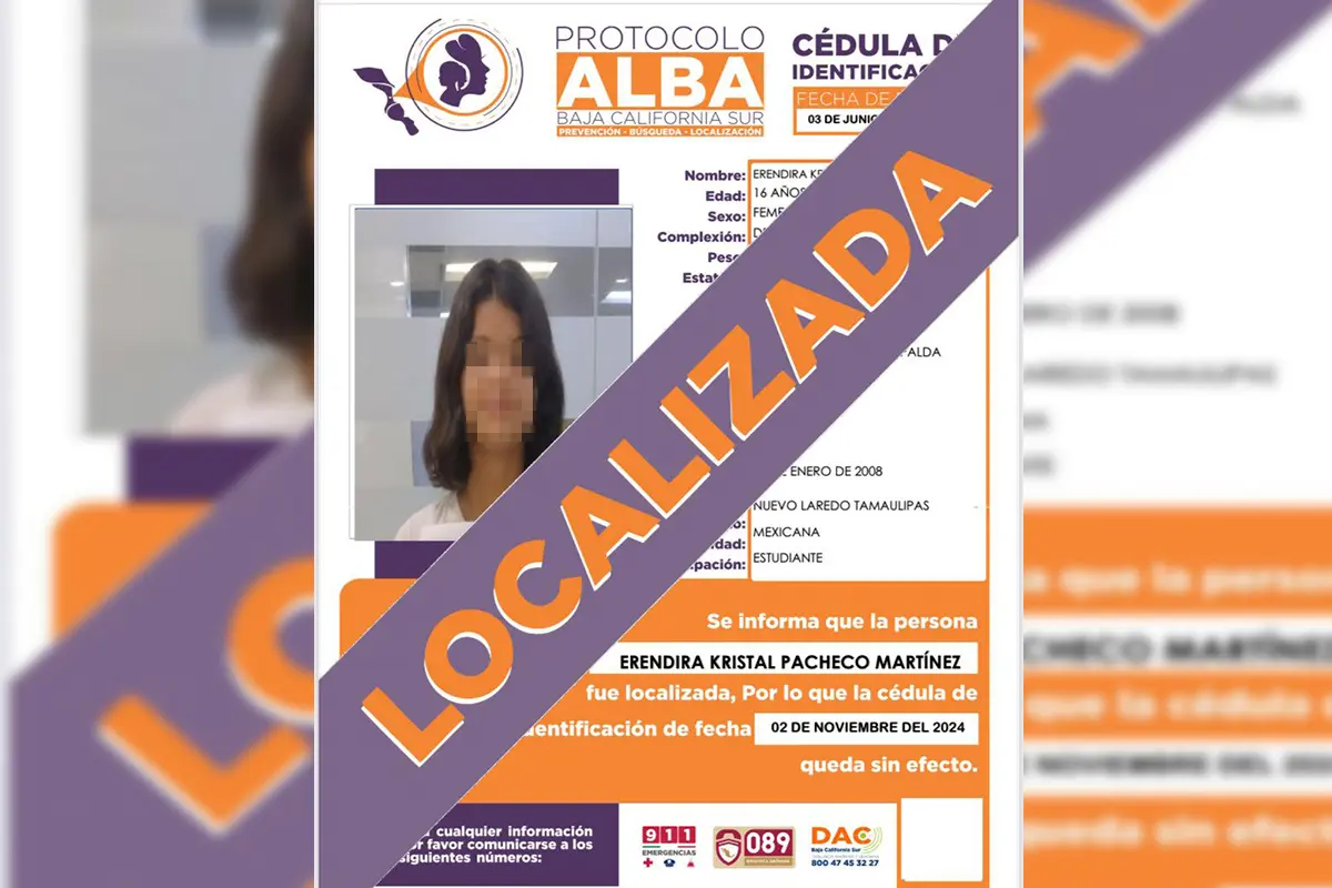Fue localizada sana y salva Eréndira Kristal Pacheco Martínez. Foto: Facebook de Expresión La Paz.