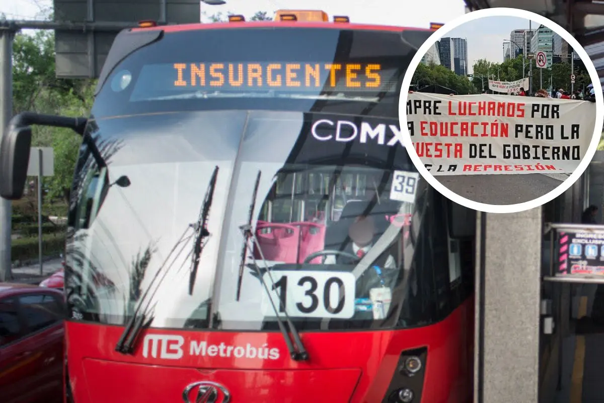 Metrobús línea 1, bloqueo normalistas de Chiapas en Reforma. Foto: Metrobús CDMX | Luis Alfaro | Canva