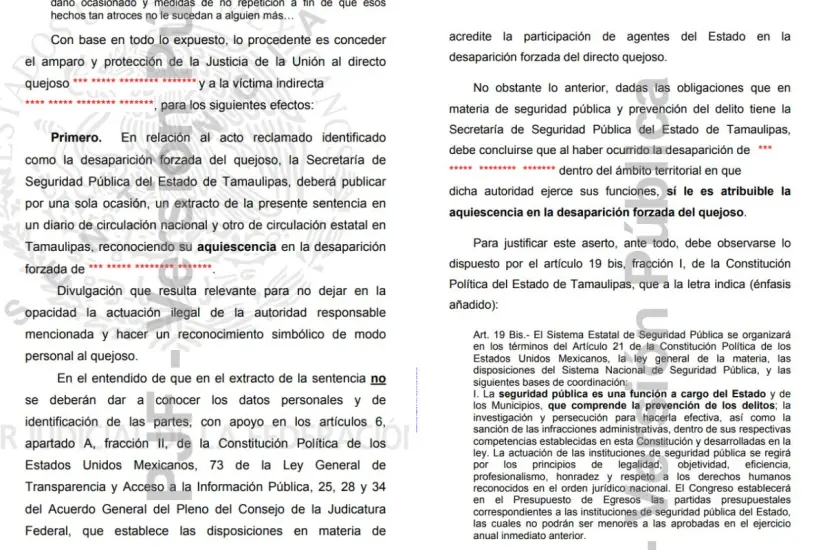 Fragmento de la sentencia emitida por el juez en torno al caso de desaparición forzada. Foto: Carlos García