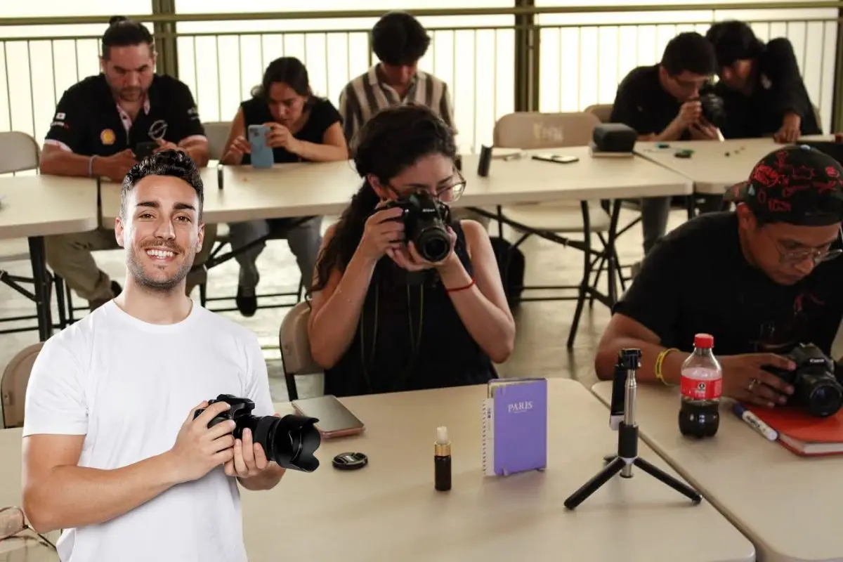 De fondo taller de fotografía en la CDMX , persona con una cámara fotográfica. Foto: Secretaria de Cultura CDMX l Canva