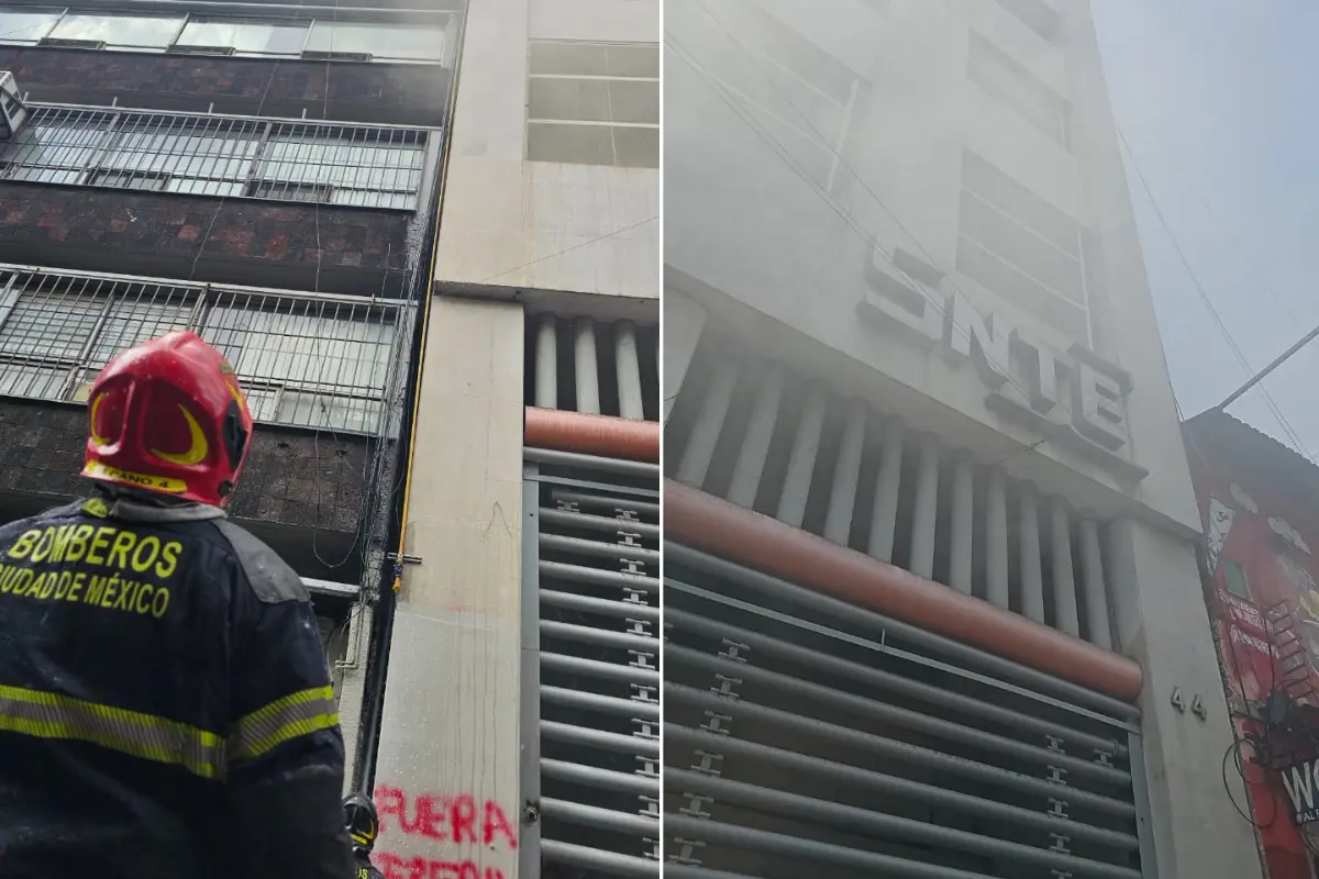 Bomberos de CDMX apagando el fuego ocasionado por los integrantes de la CETEG en el edificio del SNTE. Foto: Luis Antonio Alfaro