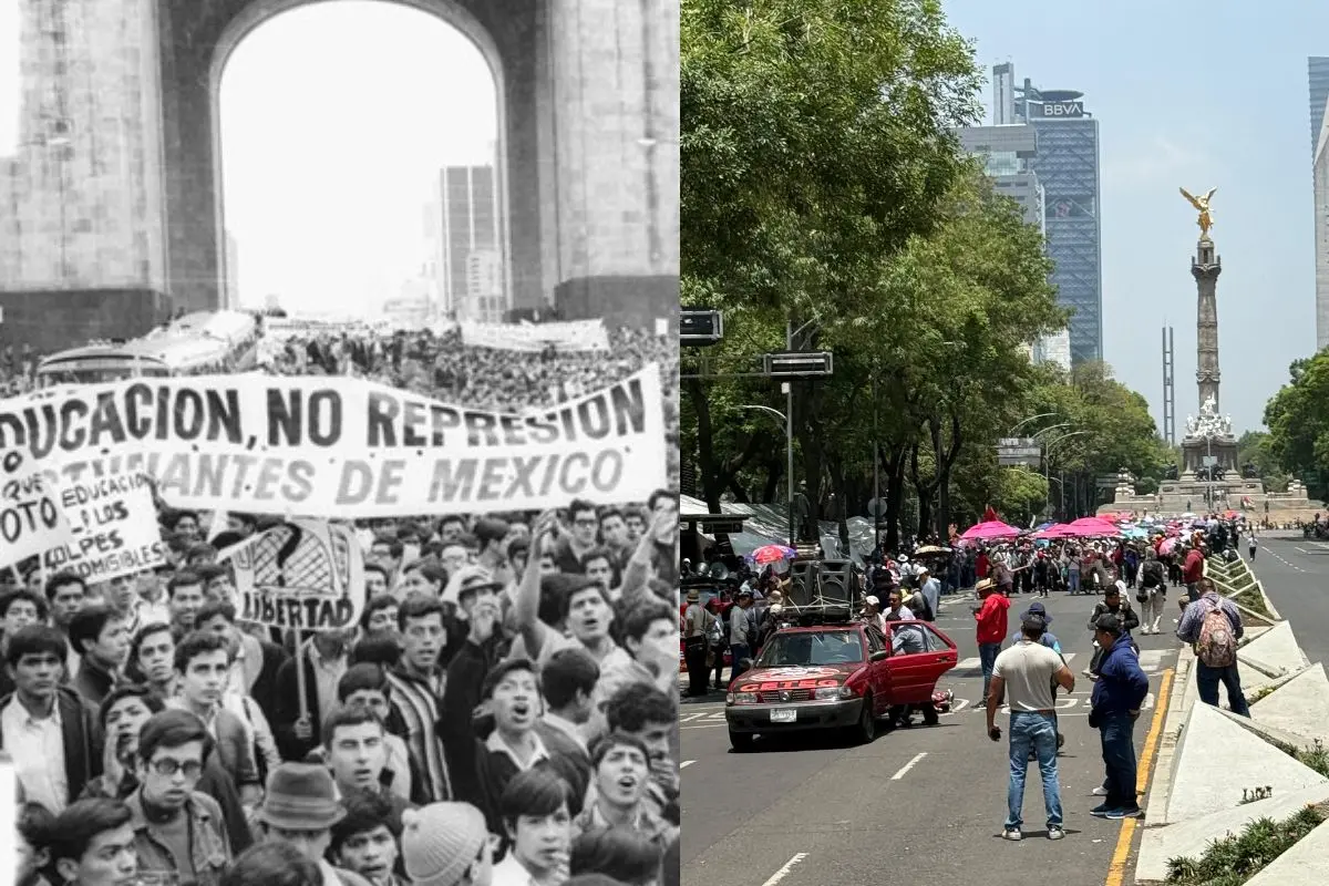 Marcha estudiantil en el Monumento a la Revolución, marcha de la CNTE en Paseo de la Reforma. Foto: Gobierno de México | Ramón Ramírez | Canva