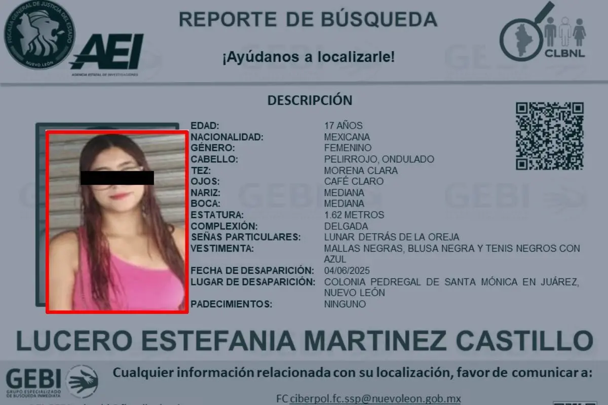 Se emite boletín a través del Grupo Especializado de Búsqueda Inmediata por una joven menor. Foto: Grupo Especializado de Búsqueda
