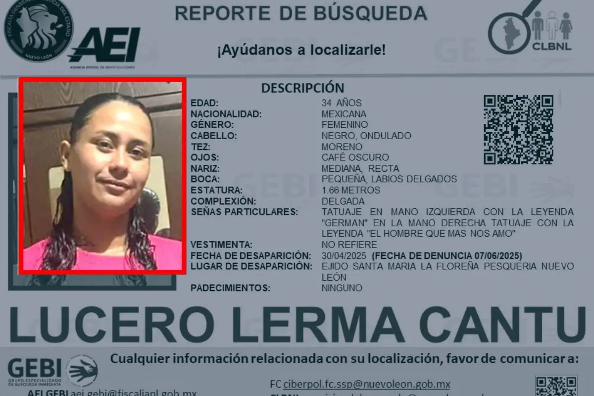 La Fiscalía General de Justicia de Nuevo León emitió un comunicado de búsqueda para localizar a Lucero Lerma Cantú. Foto: Grupo Especializado de Búsqueda Inmediata
