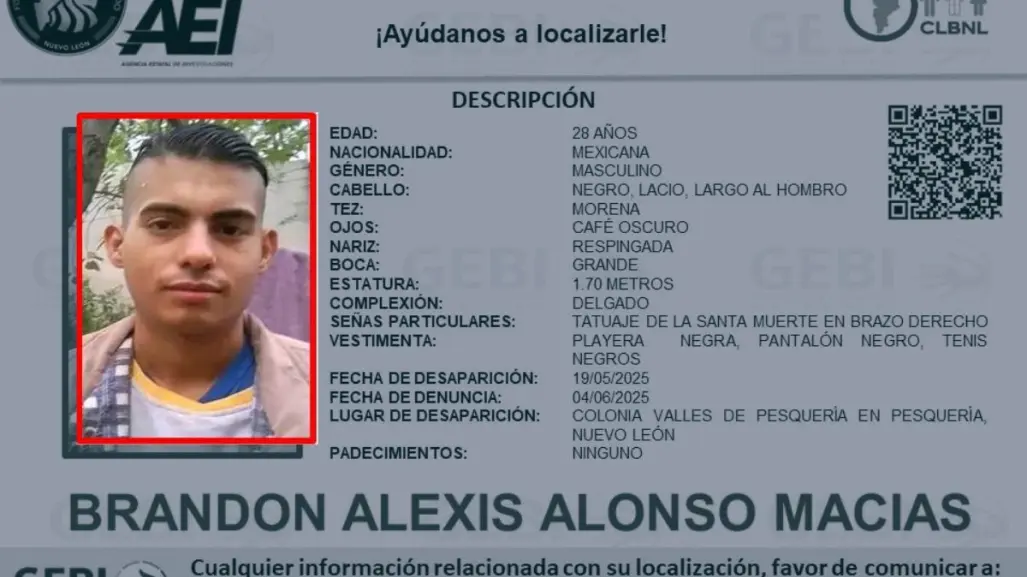 Solicitan la búsqueda de un joven reportado como desaparecido en Pesquería desde mayo