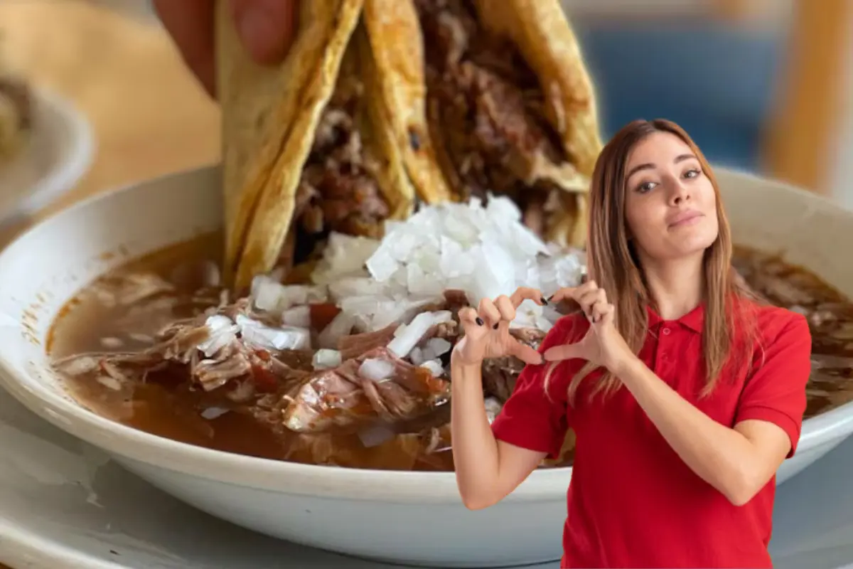 Plato de Birria y chica haciendo un corazón. Foto: Time Out y Freepik | Canva