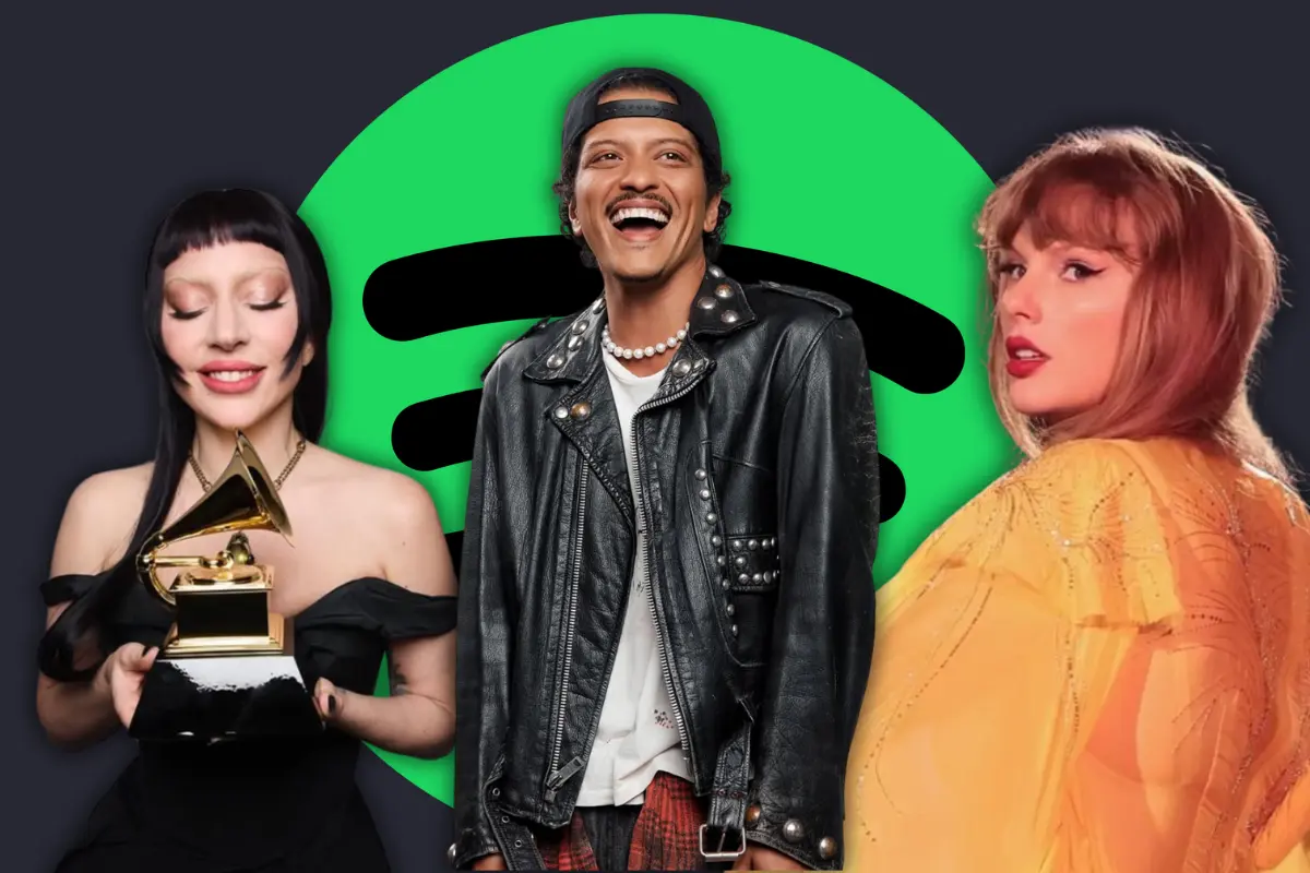 Taylor Swift, Lady Gaga y más: los artistas que rompen récords en Spotify este 2025 (Foto: IG @brunomars, @taylorswift @ladygaga / Canva)