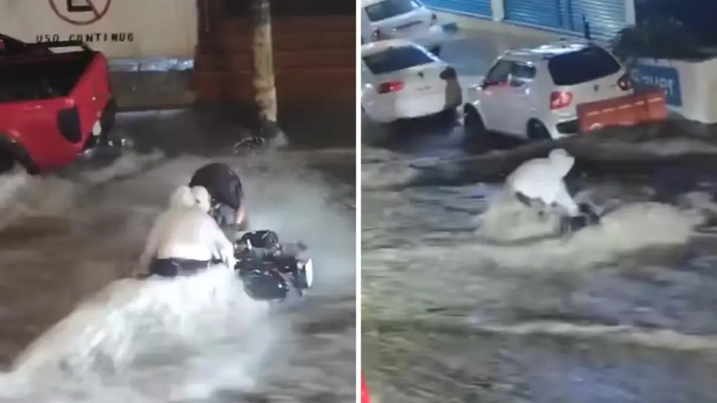 VIDEO | Joven arriesga su vida para salvar su moto de las inundaciones en Edomex