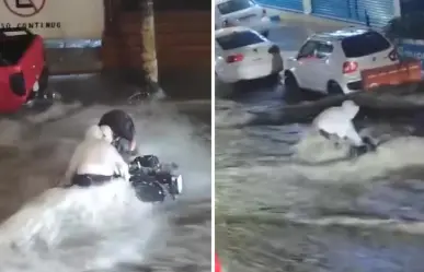 VIDEO | Joven arriesga su vida para salvar su moto de las inundaciones en Edomex