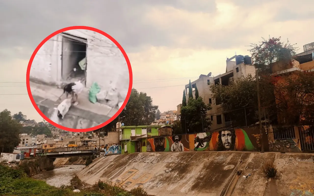 Sin el menor remordimiento, una mujer lanza basura al Río Hondo mientras otro individuo la ayuda. Foto: FB/ Contrastes Naucalpan (Canva)