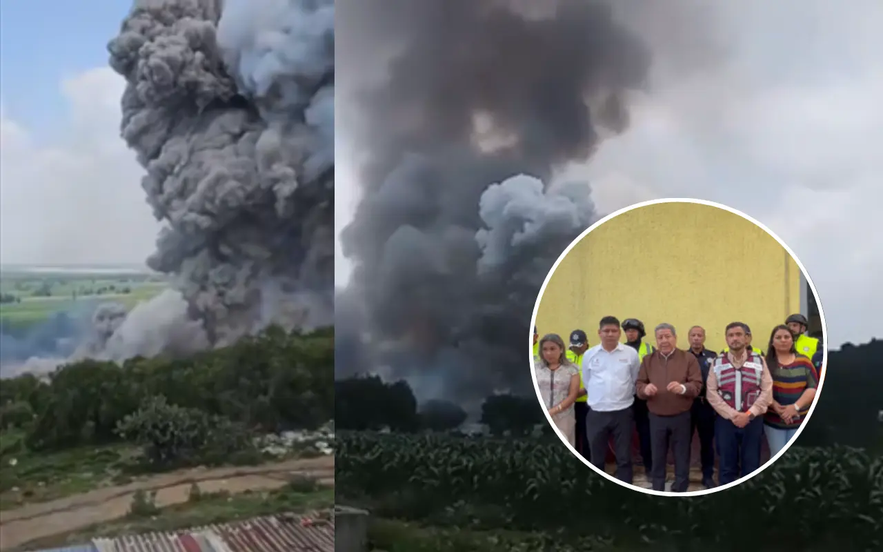 Equipos de emergencia continúan con las labores de limpieza y evaluación en el sitio de la explosión en Tultepec. Foto: Captura de redes sociales (Canva)